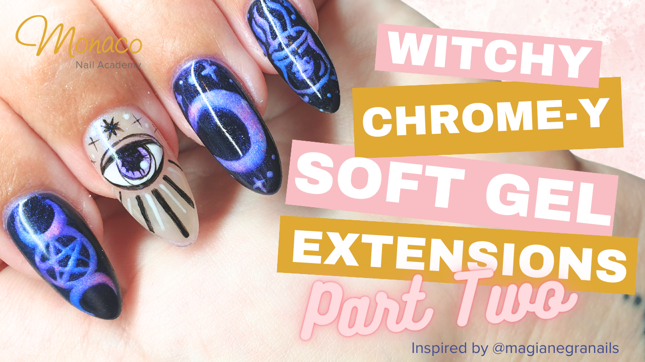 A Thumbnail from the YouTube Video showing long almond shaped nails with witchy nail art